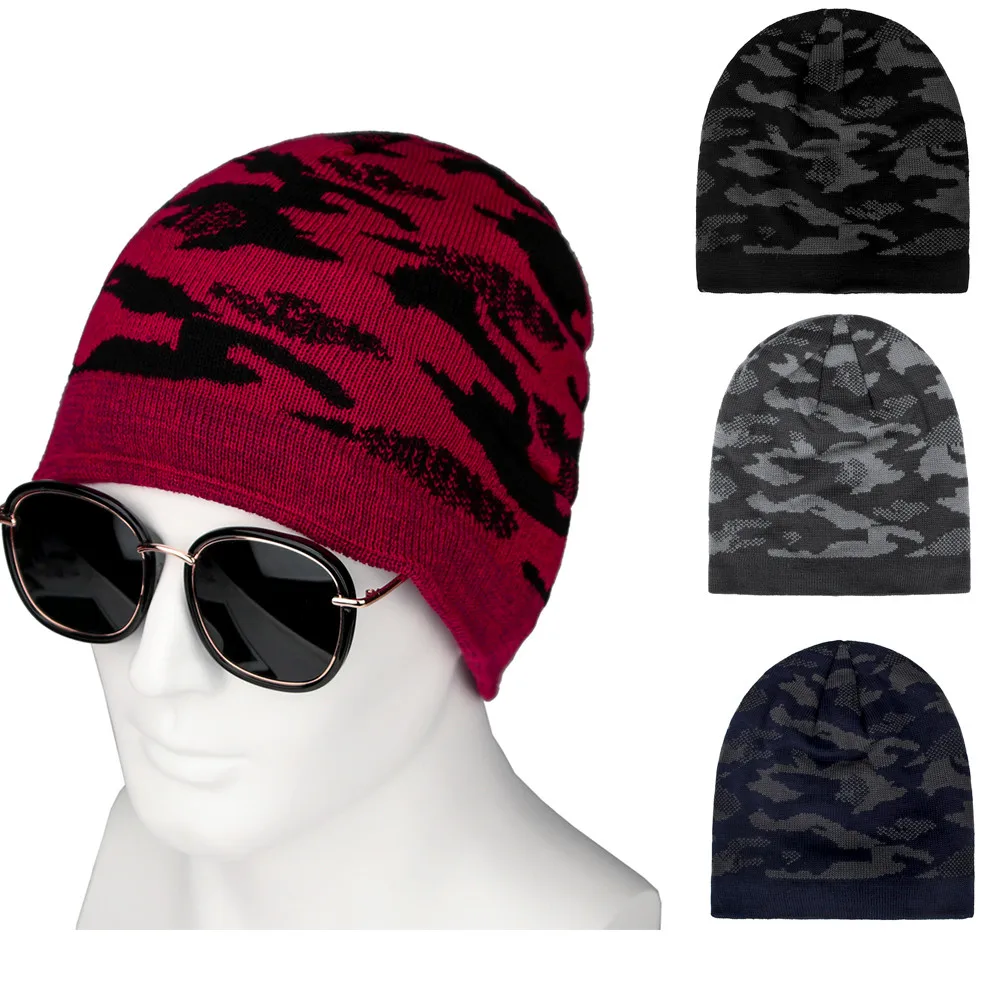 

Soft Warm Knitted Cap Autumn Winte Fitted Cap Casual Fashion Men And Women Winter Plus Velvet Warm Camouflage Knit Hat Cap