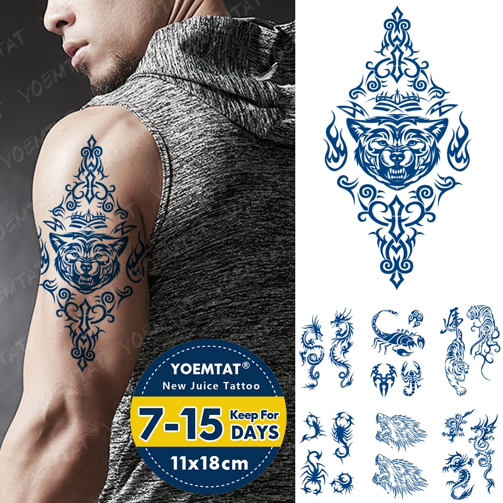

Juice Lasting Waterproof Temporary Tattoo Sticker Tiger Totem Wolf Scorpion Flash Tattoos Male Dragon Body Art Fake Tatto Female