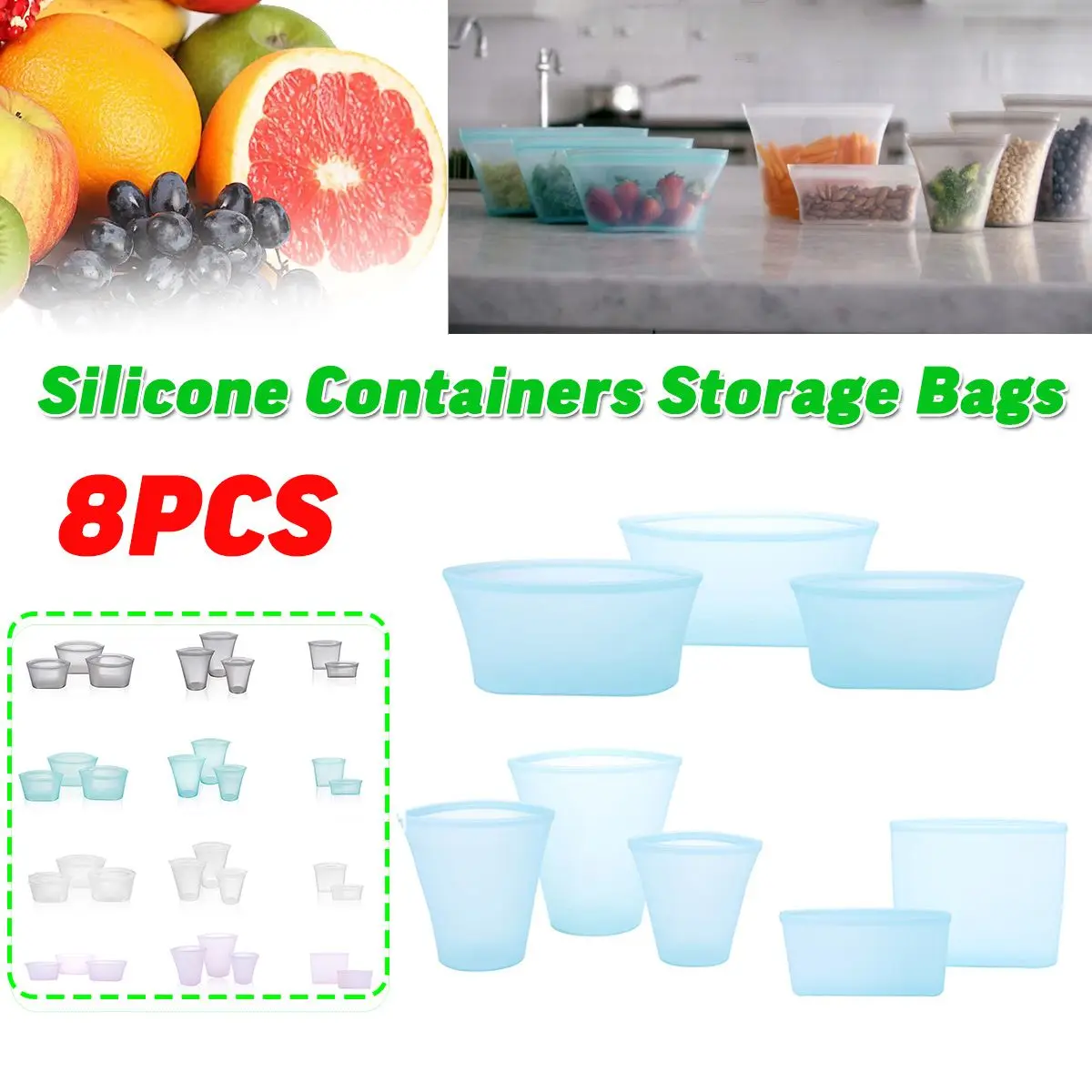 

8Pcs Silicone Food Storage Container Zip Lock Leakproof Containers Storage Reusable Stand Up Bag Bowl Cups Fresh Meat Nuts Bags