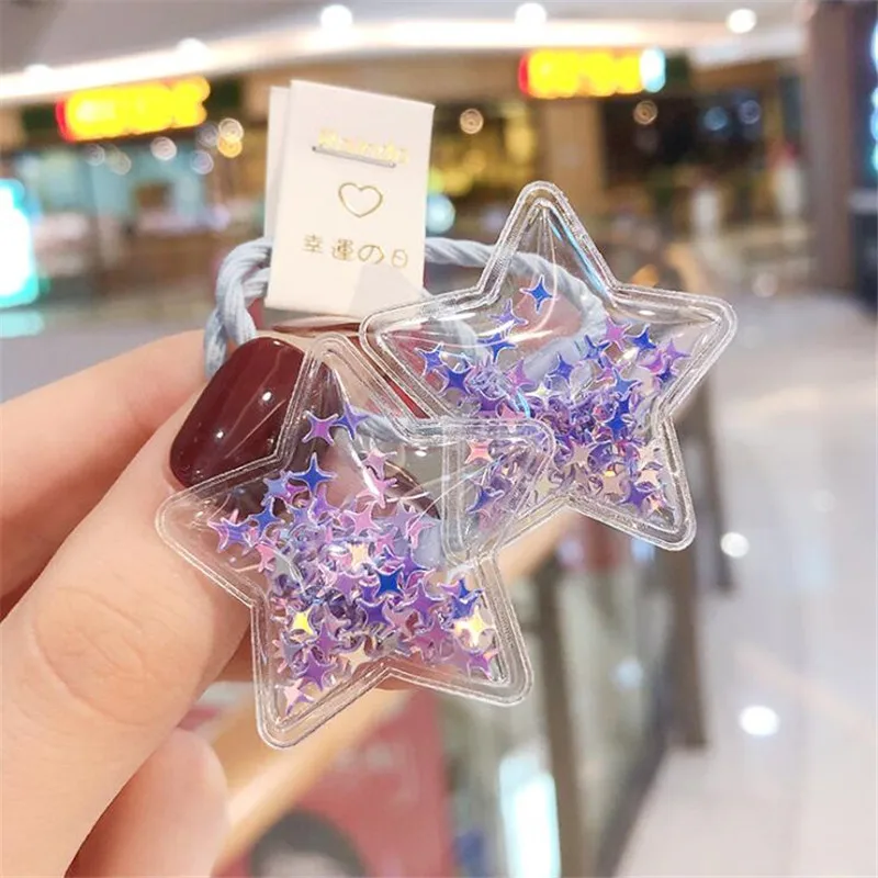 Purple Star New Cute Crown Star Quicksand Scrunchies Children Girls Kids Elastic Hair Rubber Band Accessories Tie Hair Ring Rope Holder - Color: Purple Star