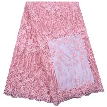 

Pink African Milk Silk Lace Fabric With Sequins Embroidered High Quality 3d Flowers French Tulle Lace Fabric For Wedding 1805