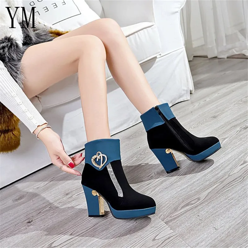 Tanie 2019 New Arrivals moda kobiety kostki buty z boku na zamek błyskawiczny na co dzień Faux Suede Patchwork okrągłe Toe grube szpilki szpilki kobieta