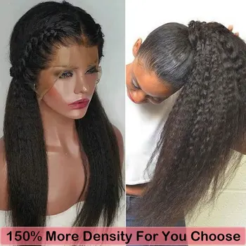 

150% Density 13x6 Kinky Straight Lace Front Human Hair Wig Brazilian Remy Hair Bleached Knots Lace Front Wigs Pre Plucked