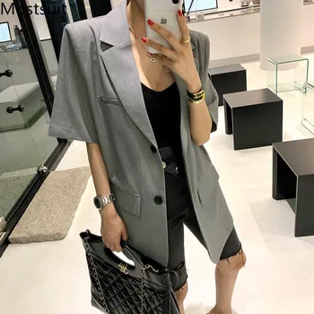 

Grey Korean Vintage Fashion Women Blazers Jackets Short Sleeve Notched Collar Single-breasted Loose Solid Female Blazers Coats