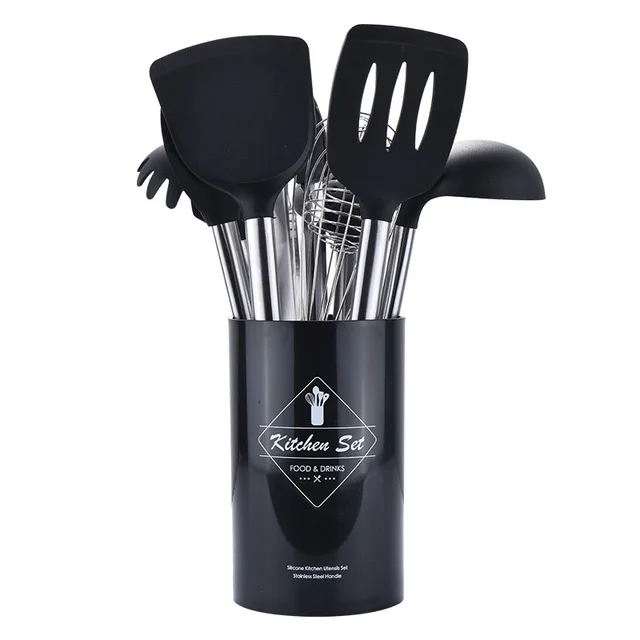 Black 9pcs-B Нержавеющая сталь Пищевая силиконовая ложка для приготовления супа ковш-шпатель для яиц Тернер кухонные инструменты кухонная посуда набор 9 шт - Цвет: Black 9pcs-B