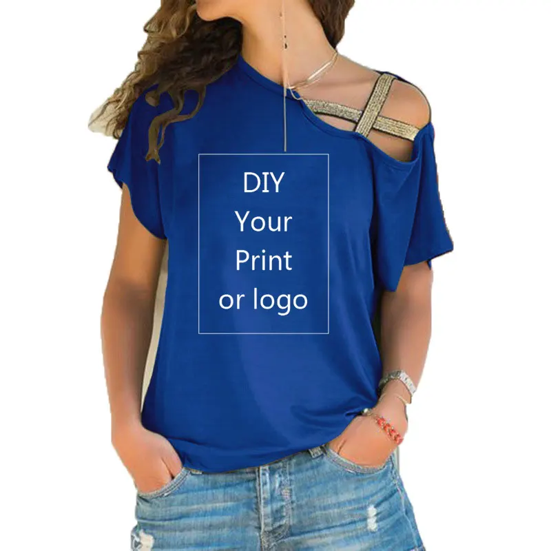 Customized Print T Shirt for Women DIY Your like Photo or Logo Top T-shirt Femme Irregular Skew Cross Bandage Size S-5XL Tees 5