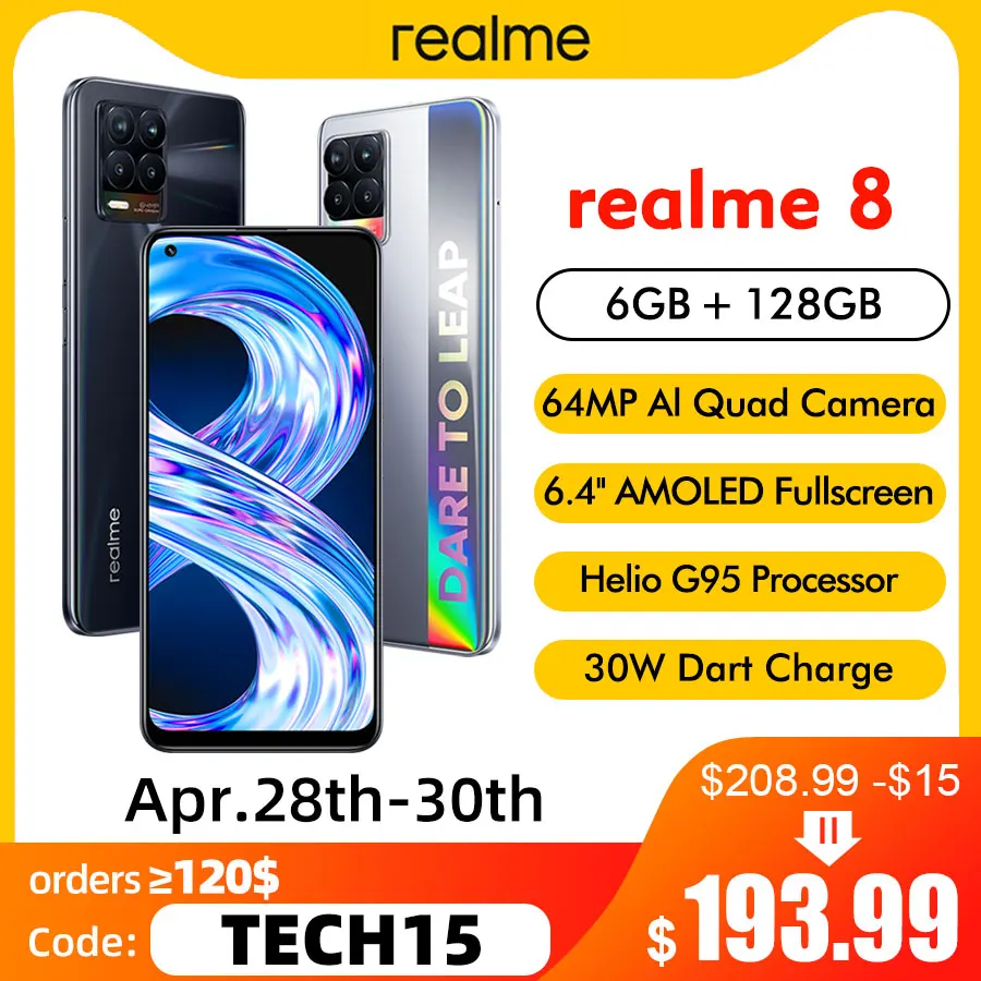 Глобальная версия realme 8 6,4 "FHD + безрамочный экран AMOLED Дисплей 6 ГБ 128 64 мегапиксельная четырехъядерная камера Helio G95 5000 мА/ч, Батарея 30W зарядное устройство NFC мобильный телефон