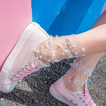 

Sexy Lace Mesh Fishnet Socks Transparent Stretch Elasticity Fiber Ankle Women Pearl Ultra-thin Cool Socks Streetwear