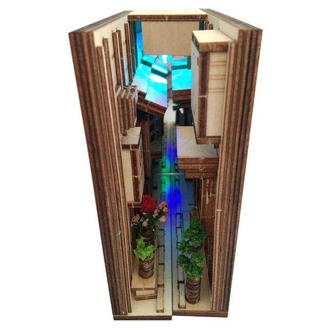 DIY Wooden Dragon Alley Book Nook Shelf Insert Kits Bookends With Furniture Flower Building Model Bookshelf Home Decoration Toys 1