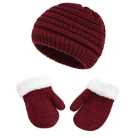 Winter Ear Muff Thick Mitten Children's Gloves Hat Set Fashion Kids Warm Plus Velvet Knitted Round Cap Gloves Beanies 1-3T