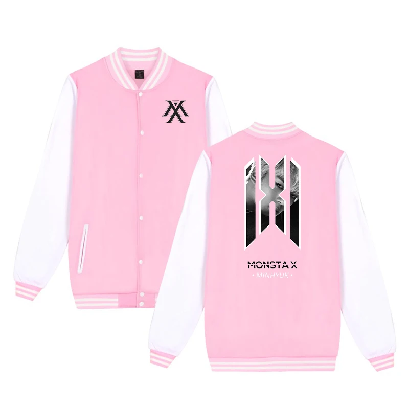 Горячая MONSTA X бейсбольная куртка Женская толстовка хлопок флис Розовый Мужская/Женская мода куртка бейсбольная форма размера плюс Новинка
