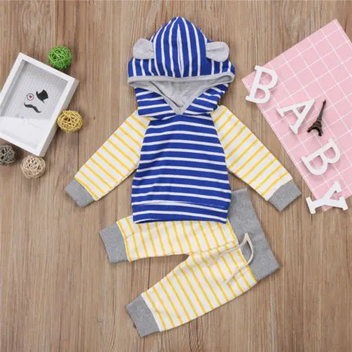 cute Newborn Baby Boys Girls autumn outfits long striped sleeve Hooded Sweatshirt long Striped Pants Outfit Set Clothes for baby
