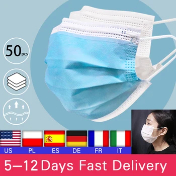 

50Pcs Disposable mask Face Mouth Durable Masks 3-Layer Filter Non Woven Anti-Dust Earloops Masks Daily Protection Safety Mouth