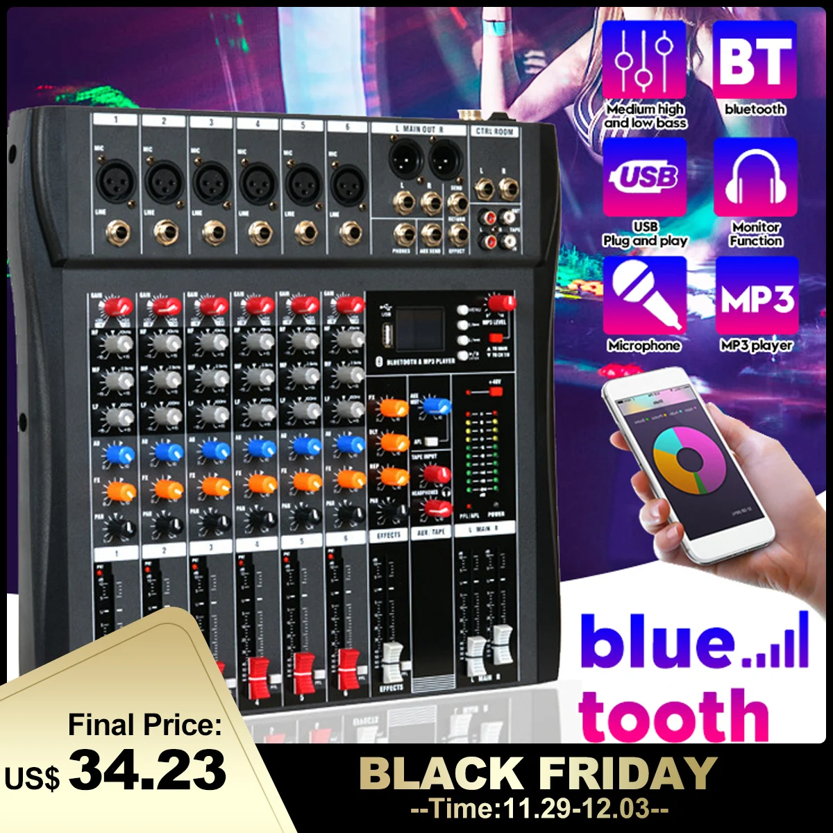Профессиональный 6 канальный USB студийный аудио bluetooth DJ микшерная консоль