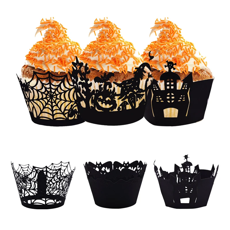 12pcs Cupcake Wrapper Decor Black Hollow Paper Cake Cup Halloween Witch Spiderweb Castle Halloween Party Cake Decoration Tool