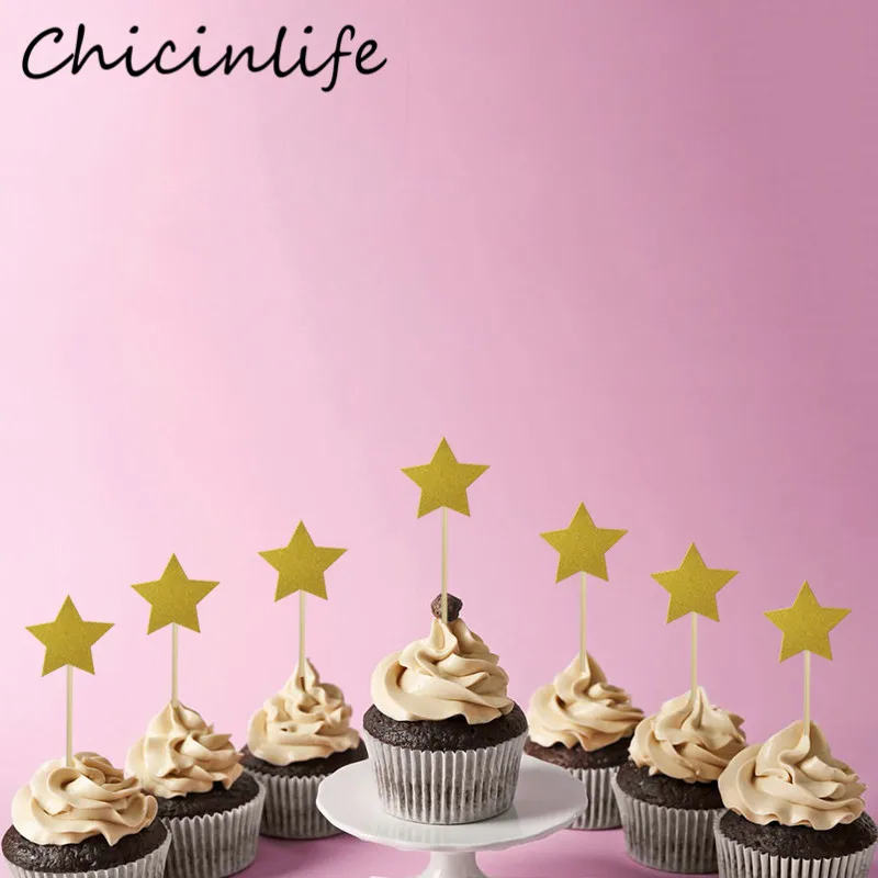 Chicinlife 10 шт., топперы в форме золотой звезды для кексов, для свадьбы, дня рождения, вечеринки, для малышей, сувениры для детей, топперы для торта, декоративные принадлежности