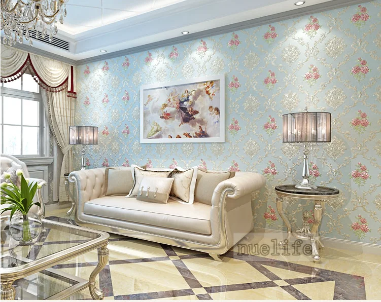 Blue pattern pattern non-woven wallpaper simple modern pastoral European bedroom living room wedding room background wallpaper