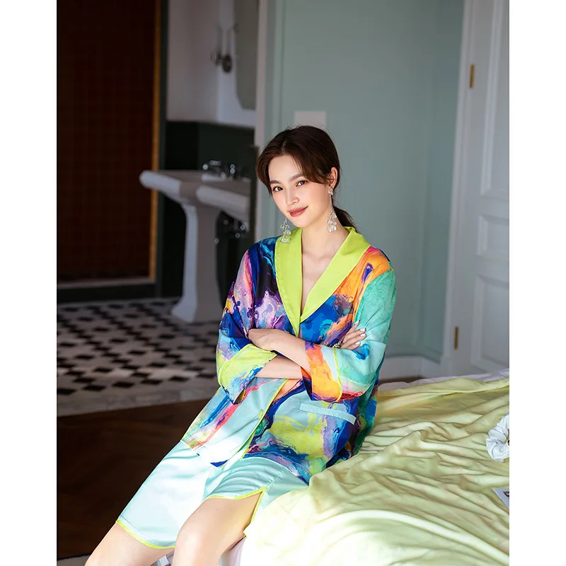 new-colorful-ice-silk-pajamas-women's-suit-thin-home-clothes-short-sleeve-shorts-two-piece-set