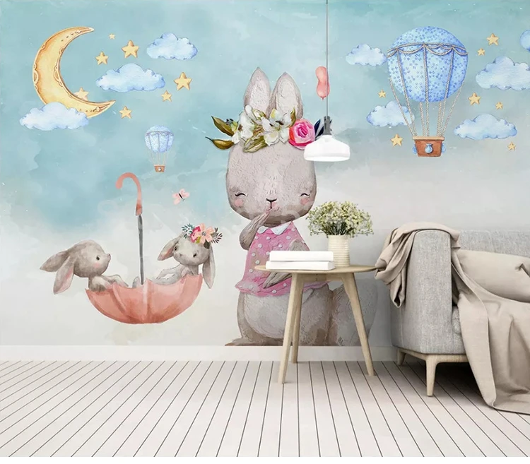 Custom Wall Mural 3D Hand Painted Cartoon Bunny Balloon Children Room Kids Room Bedroom Decoration Photo Wallpaper Home Decor