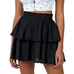 Cake Skirts Women Fashion Double Layer Hem Cake Elastic Waist Skirt Solid Color Ruffle Mini Skirt 2022 Юбка С Высокой Талией