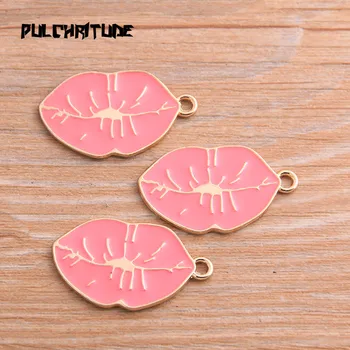 

PULCHRITUDE 3pcs 17*29mm Pink Alloy Metal Drop Oil Sexy Lips Charm Pendant For DIY Bracelet Necklace Jewelry Making