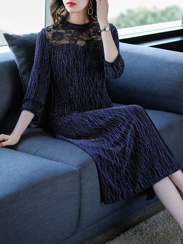 Vintage Fall Womens Female Stand Collar 3/4 Sleeve Lace Patchwork Purple Long Dress, 4xl Glitter Elegant Dresses for Women