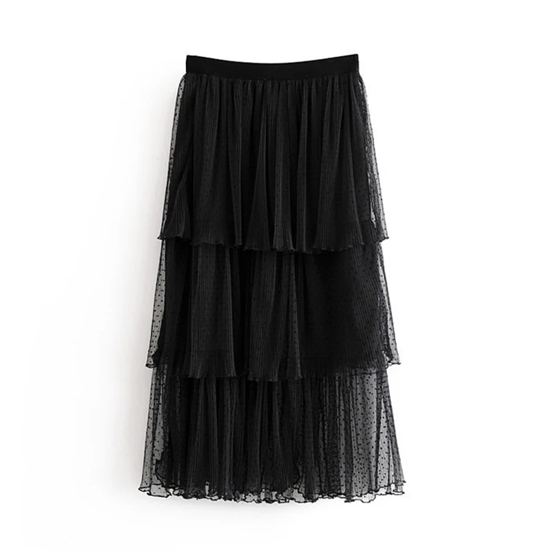 Женская шикарная Сексуальная кружевная сетчатая юбка, многослойная плиссированная Женская юбка миди, Повседневная элегантная прямая юбка с эластичной резинкой на талии