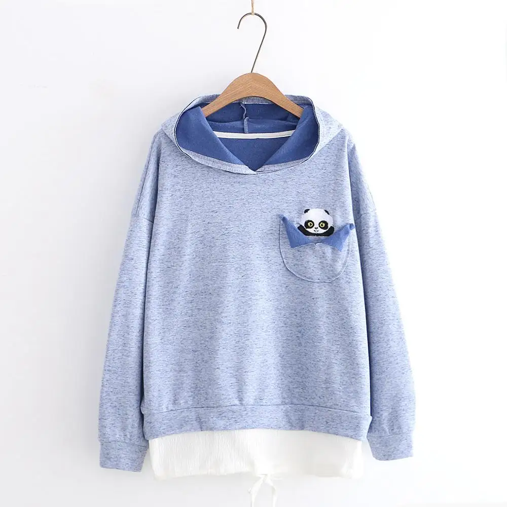 Blue Осенняя Женская толстовка Kawaii, толстовка с капюшоном, с вышивкой панды, из двух предметов, для студентов, подростков, для девочек, свободные топы с капюшоном и длинными рукавами - Цвет: Blue