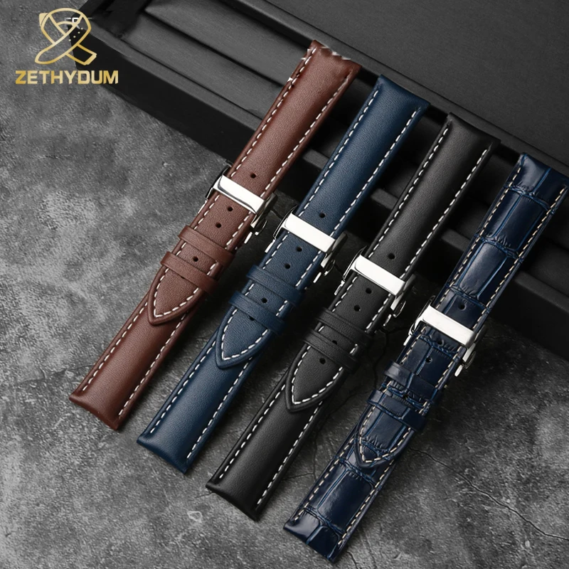 Blue Genuine Leather Watch Band Strap, 21mm/22mm – Premium Replacement Watch Strap Belt Bracelet