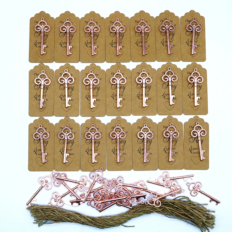 

50pcs DIY Wedding Decoration Rose Gold Key Bottle Opener with Personalized Name or Thank You Paper Tags Wedding Favors and Gifts