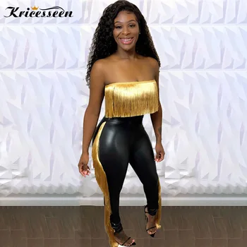 

Kricesseen Sexy Gold PU Tassel Two Pieces Pant Set Women New Strapless Top And Long Pants Suits Ladies Sportswear
