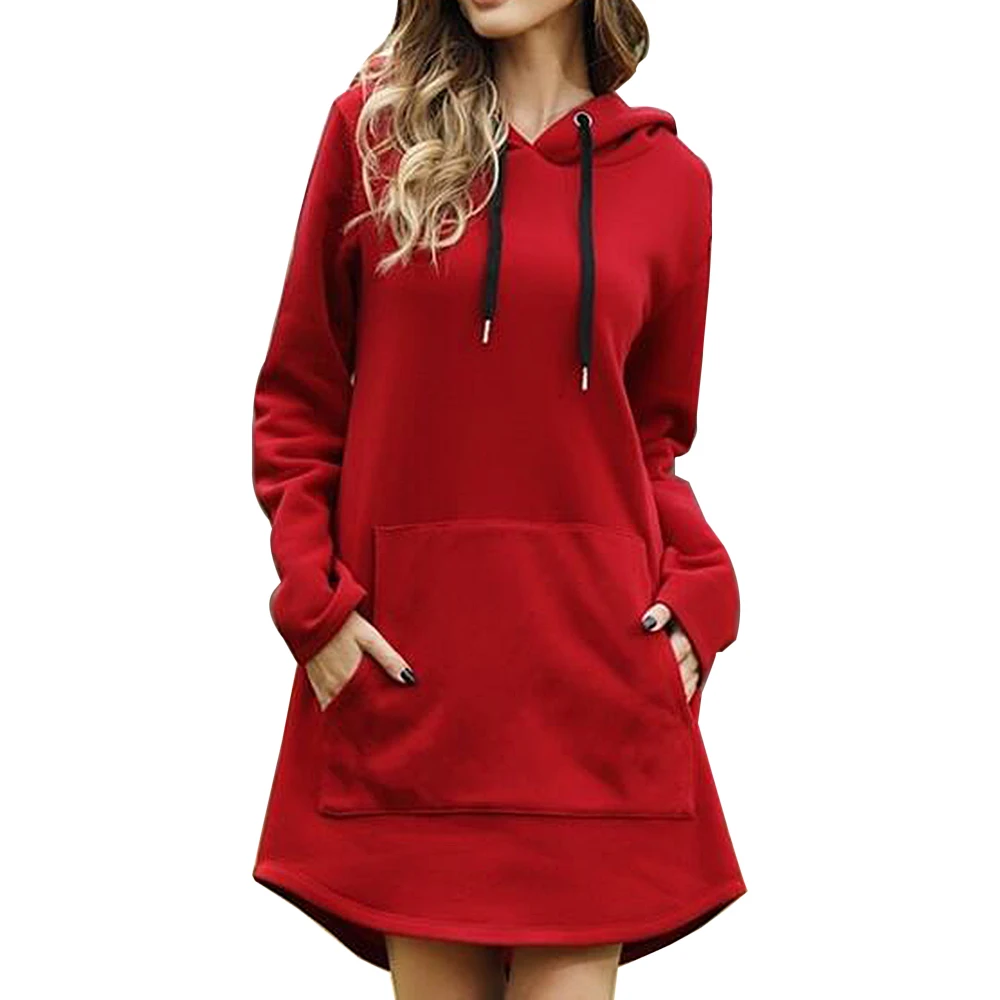 NIBESSER, винтажное Женское зимнее платье, с капюшоном, с длинным рукавом, свободное, повседневное, 3XL размера плюс, Ретро стиль, для девушек, с карманами, миди, платья - Цвет: Red