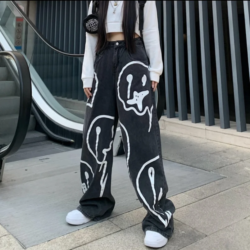 New Spring Fashion Ins Street Hip-hop Printing Wash Jeans Loose Casual Denim Wide Leg Pants Tide Woman Long Trousers