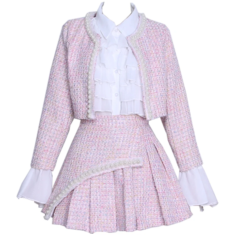 Новая Осенняя короткая куртка+ плиссированная сетчатая рубашка с лацканами+ шерстяная юбка с бусинами костюм из 2 предметов