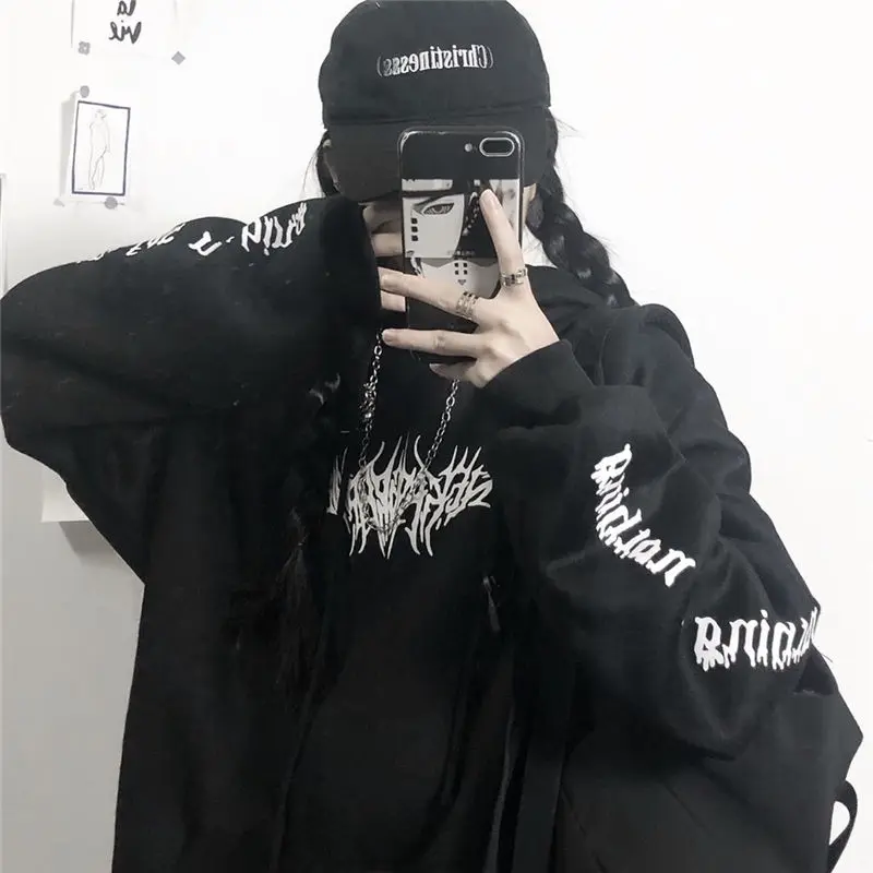 Women Loose Streetwear Black Sweatshirt Knitted Hooded Sexy Print Hoodies Fashion Moletom Long Hoodie Women Tops dropshipping