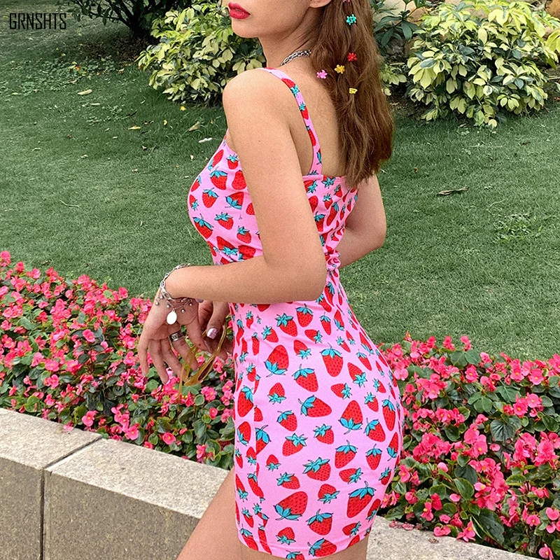 

2020 summer Elegant Strawberry Printed Suspenders High Waist Mini Dress Women's Beach Casual Party night Stretch Slim Soft Dress