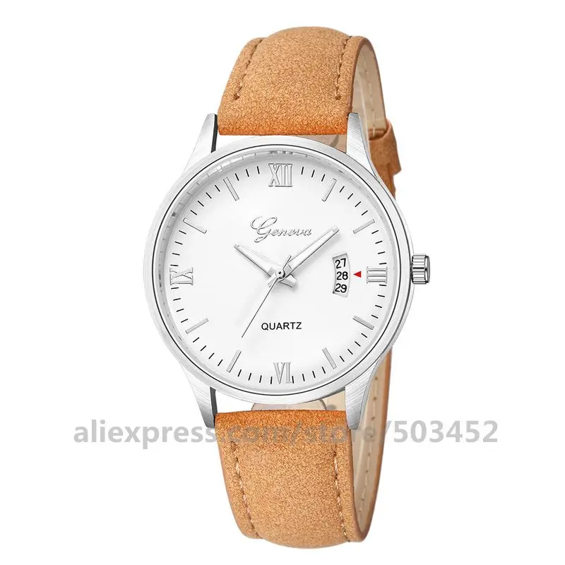 orange silver white 100 шт./лот Geneva 638 Мужские часы с кожаным ремешком, простые часы для спорта и отдыха, новые наручные часы - Цвет: orange silver white