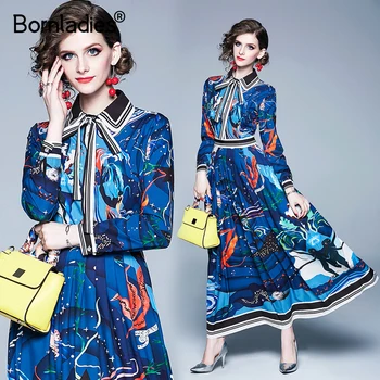 

Bornladies New Fashion Runway Vintage Maxi Dress Women's Long Sleeve Bow Decorating Classic Retro Art Pattern Printed Long Dress