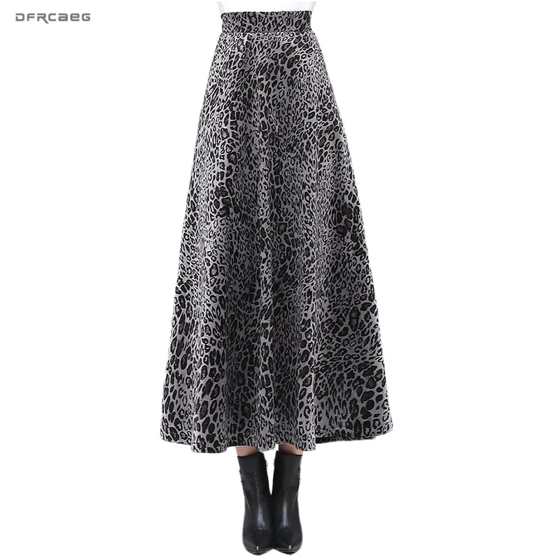 

Elegant Gold Velvet thicken Womens Maxi Skirts Winter High Waist Leopard Print Ladies A-Line Skirt Casual Femme Saia Longa