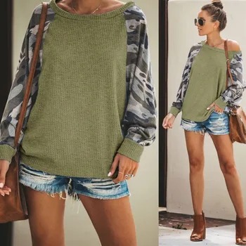 

Slim Hoodies Women Wild Shirt Round Neck Collar Loose Camouflage Printed Patchwork Long-Sleeved Tops sudadera mujer