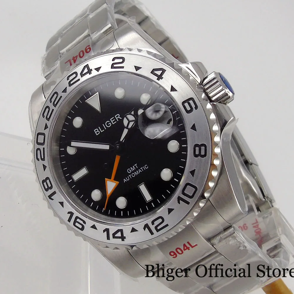 

BLIGER Black Orange GMT Business Men Watch Silver Alloy Insert Luminous Index Oyster Brushed Glide Lock Sapphire Glass