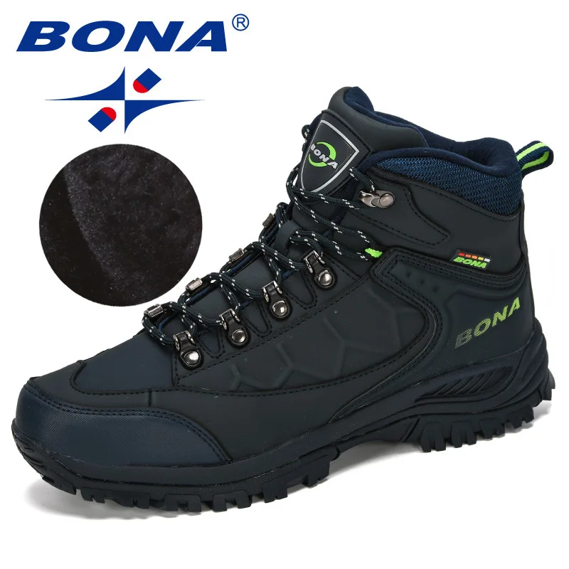 BONA New Leather Hiking Shoes Men Autumn Winter Climbing Boots High Top Trekking Hunting Shoe Trainers Black Waterproof Sports - Цвет: DeepblueFgreen