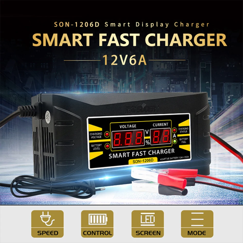

Full Automatic Car motorcycle Battery Charger 150V/250V To12V 6A Smart Fast Power Charging Wet Dry Lead Acid Digital LCD Display