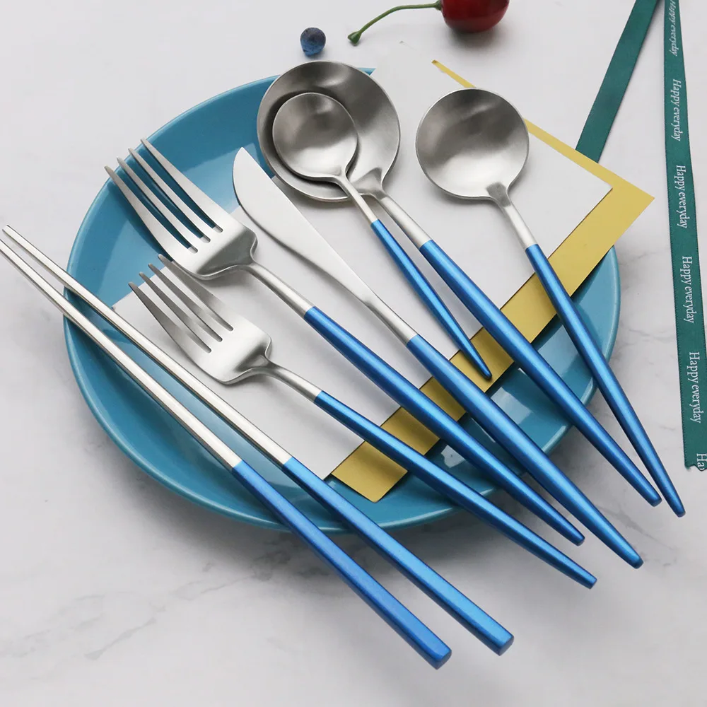 Z Brushed Sanding Portugal Knife And Fork Spoon Chopsticks 304 Stainless Steel Western Tableware Blue Gold Spoon Fork Customizab