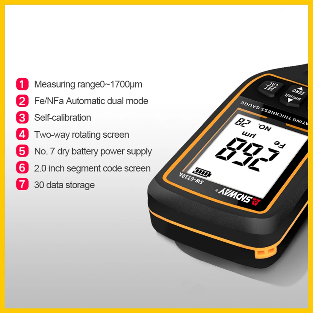 SNDWAY Digital Thickness Guage Paint Film Coating Tester Thickness gauges SW-6310A 0~1700um Auto Paint Gauge