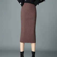 Женская трикотажная Зимняя юбка, эластичная, с высокой талией, с разрезом, черная, серая, сексуальная, прямая юбка, большой размер, для офиса, для девушек, Корейская, Faldas Mujer
