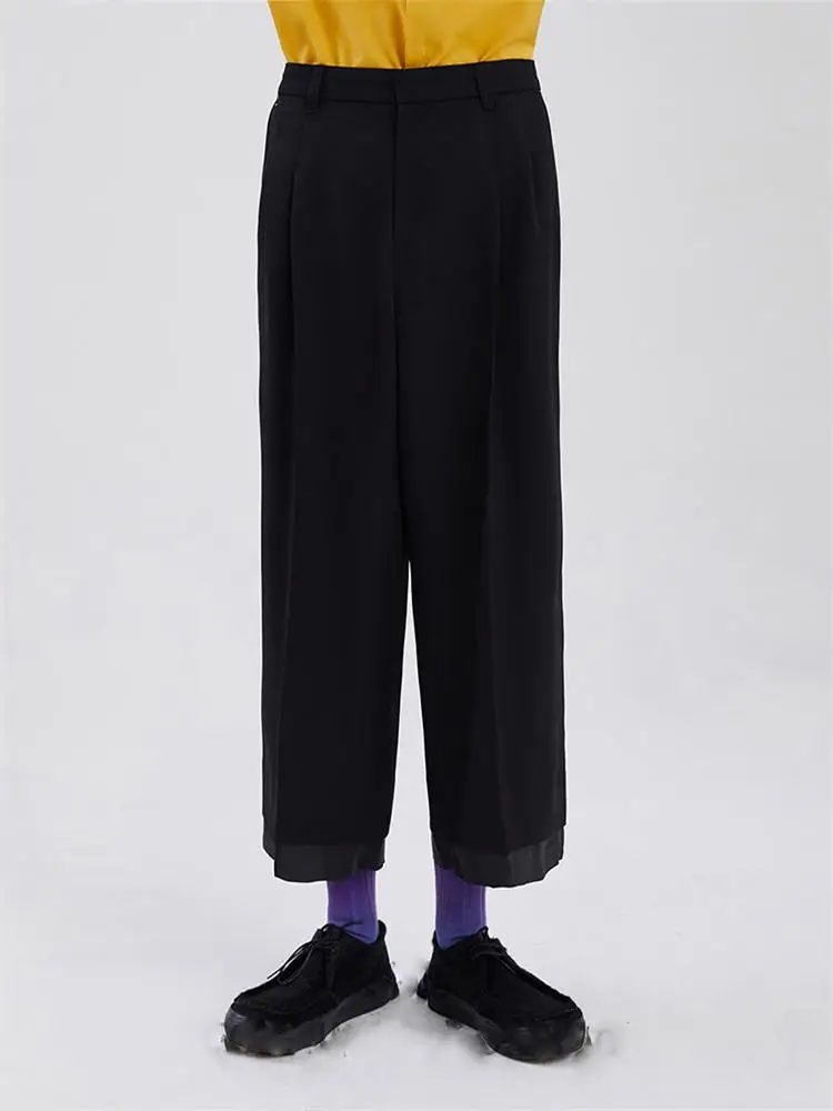 Men's Casual Pants Wide Leg Pants Straight Pants Spring And Autumn New Black Pant Leg Layer Double Stitching Nine Points Design