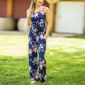 

Summer Women Spaghetti Strap Jumpsuit Bohemian Floral Print Long Pants Rompers Casual Sleeveless Jumpsuits Playsuits
