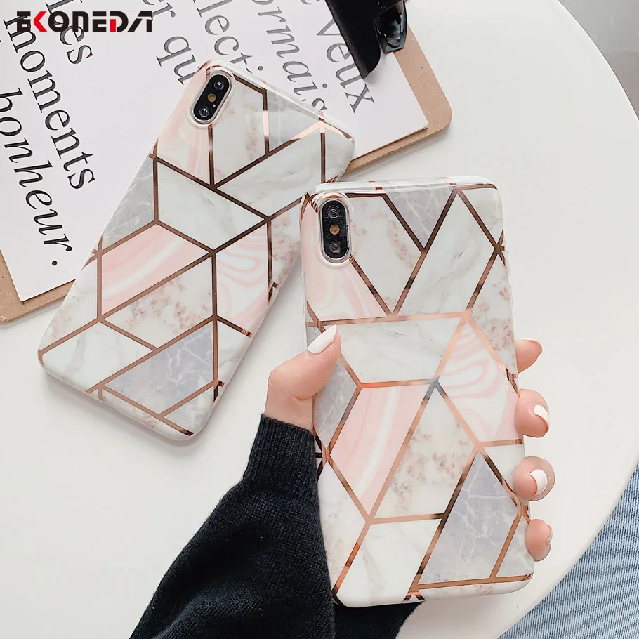 

Ekoneda Geometric Marble Phone Case For iPhone 7 8 6 6S 11 X XR XS Max Case Plating Pastel Cover For iPhone 11Pro Max 7Plus Case