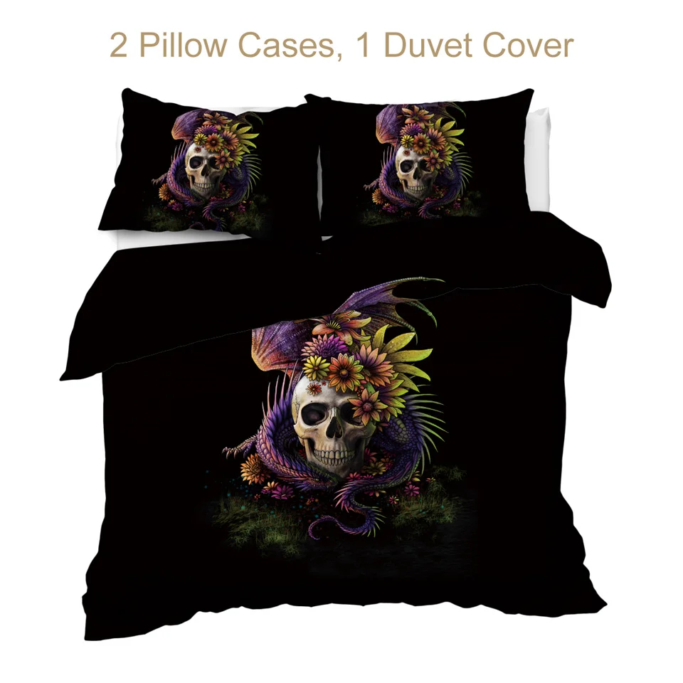 Günstige Blumigen Schädel durch Sunima Bettwäsche Set Lila Gothic Bettbezug Gefährliche Monster Floral Bett Set 3 Stück Geheimnis Kunst bettwäsche
